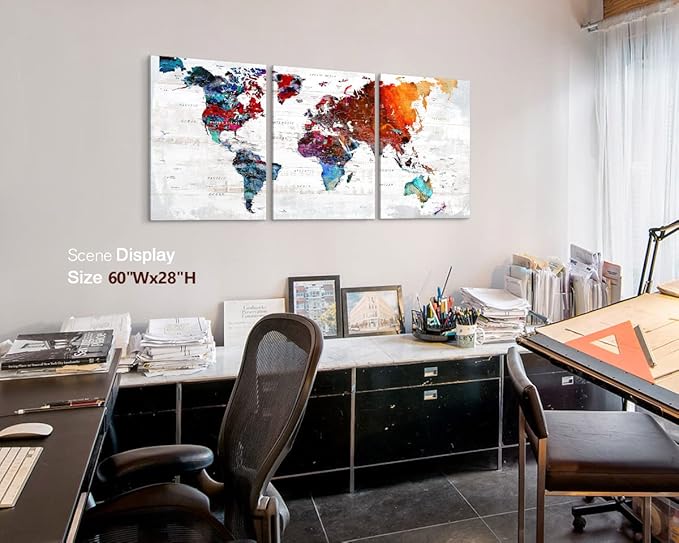 World Map Wall Art Living Room Wall Decor Office Pictures for Wall Decorations Large Abstract Art 60" W x 28" H Framed Paintings for Dining Room