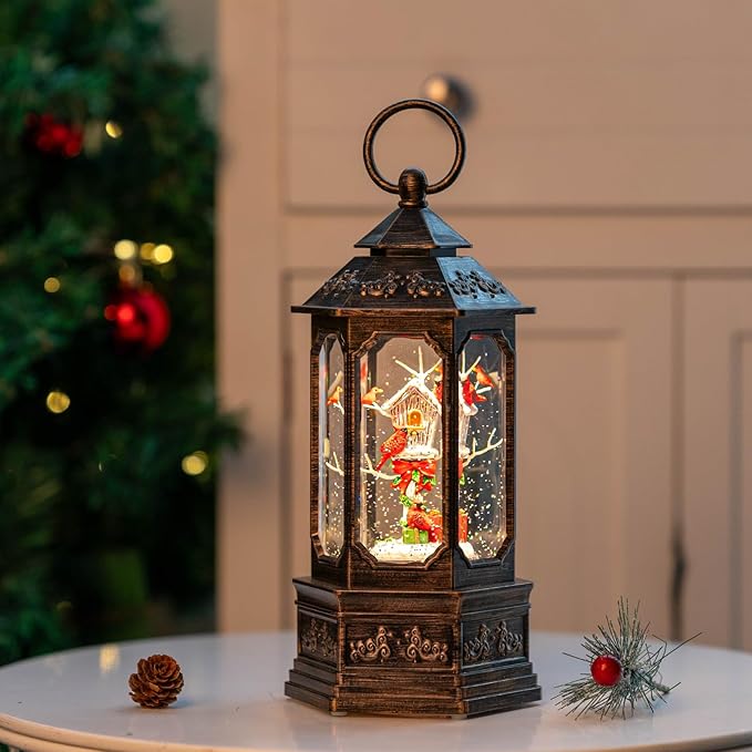 Musical Snow Globe Lantern Lighted Cardinal & Birdhouse Christmas Snow Water Lantern Swirling Glittering Home Decoration and Gift, Battery Operated or USB Powered