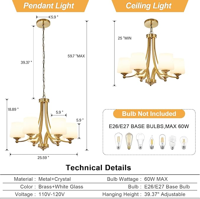 Modern 6-Light Brass Chandelier 25.59in Frosted Glass Chandeliers Metal Mid-Century Gold Pendant Light Fixtures for Living Room Dining Room Bedroom Foyer Stairway