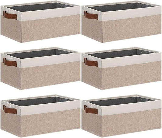 GhvyenntteS Small Fabric Storage Bins 6 Pack, 11.8" x 7.87" x 5.11" Storage Basket with Leather Handles, Closet Storage Bins for Shelves, Storage Baskets for Shelves, DVD Storage (Pink/White)