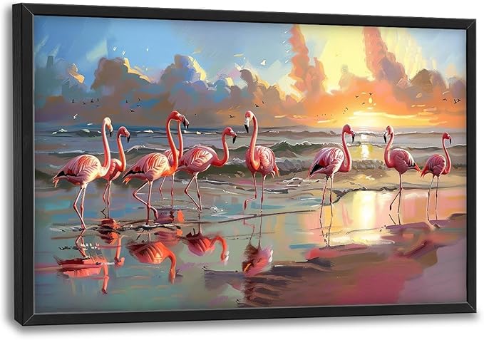 Flamingo Large Framed Wall Art Oversized Sea Coastal Beach Sunrise Pictures Wall Decor Seascape Canvas Print Painting Aesthetic Modern Artwork for Living Room Bedroom Office Bathroom Home Decor 36L"x24W"