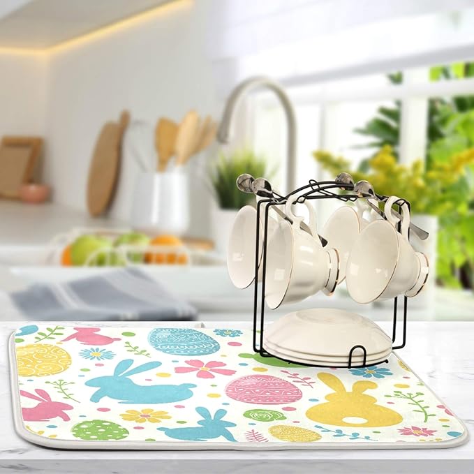 Flowers Eggs Bunny Easter Dish Drying Mat 16 X 18 Inches Spring Rose Leaves Peeps Rabbits Dry Dishes Pads Mats for Kitchen Tableware Protector Countertops Counter Home Decorations