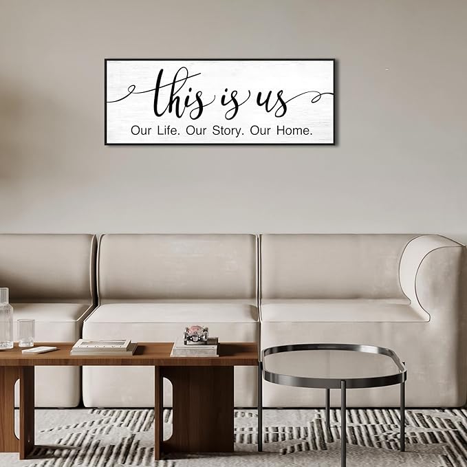 This is Us Wall Decor: 40x15 Inch Farmhouse Canvas Print Framed Family Sign for Living Room,Modern Minimalist Art with Quote Our Life Our Story Our Home Master Bedroom Wall Decor