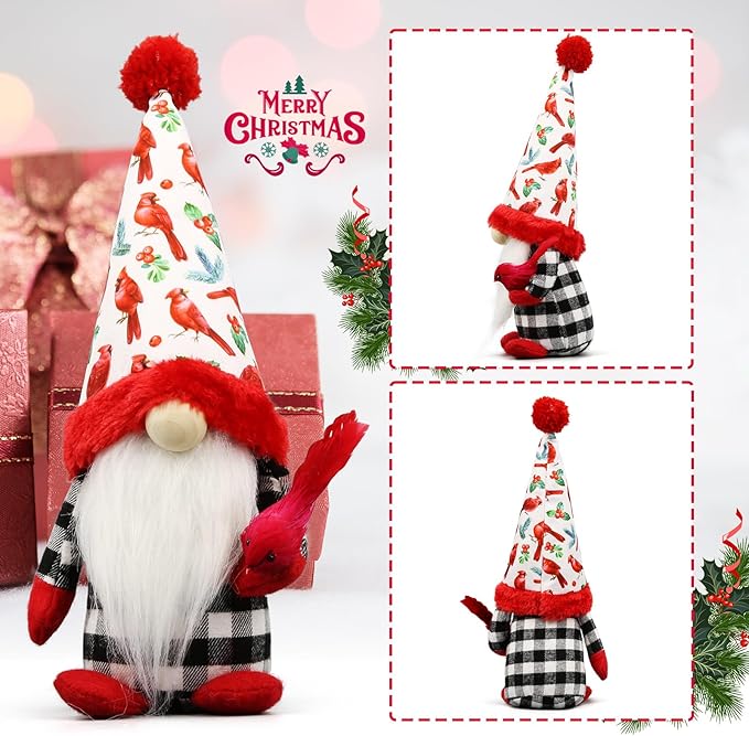 Christmas Red Cardinal Gnomes Decorations for Home, Indoor, Office- Xmas Gnomes Plush Doll - Christmas Elf Decoration Swedish Tomte- Red Cardinal Decor for Table - Gnomes Gifts for Women