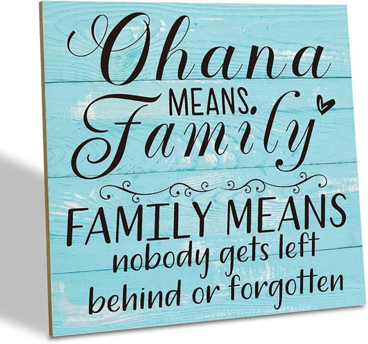 Family Wooden Plaque, “Family Means Nobody Gets Left Behind or Forgotten”, 6.2x6.2 Inch Table Art Sign, Farmhouse Quote Decor for Living Room or Home Tabletop E