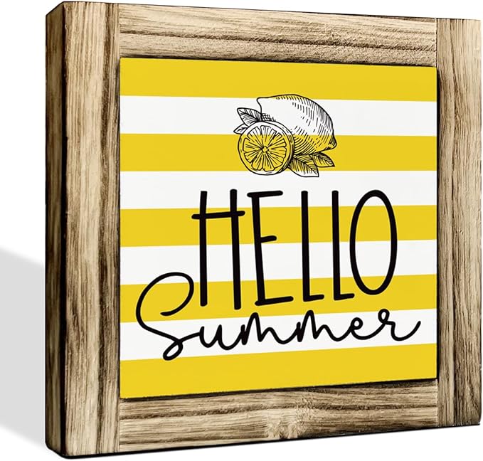 Summer Decoration, Rustic Tabletop Decor Signs, Wood Box Sign Desk Decor, Summers Seasonal Decoration Signs for the Home, Vintage Cafe Shop Decors, Hello Summer Sign 5.9×5.9inches