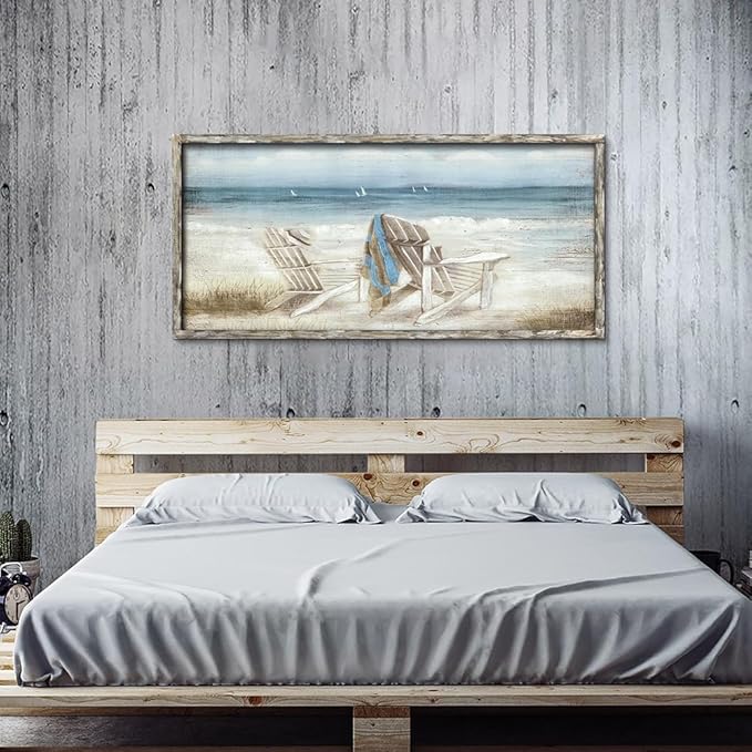 Coastal Abstract Seascape Canvas Wall Art Beach Chair on Sand Painting Artwork Print for Bedroom Living Room(60"*30")