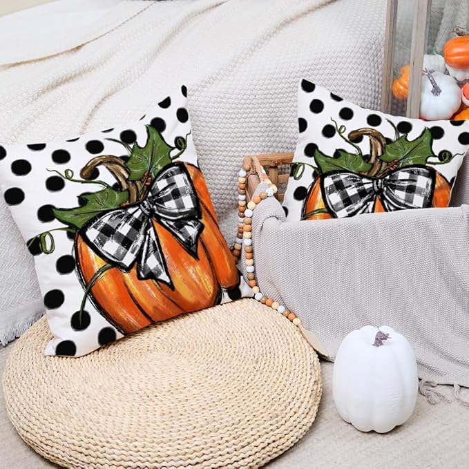 AACORS Fall Throw Pillow Cover 16x16 Set of 2,Polka Dots Pumpkin Decor Autumn Farmhouse Seasonal Pillow Case Decoration for Home Sofa Couch AA279-16-2