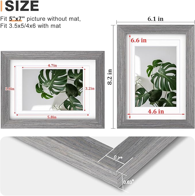 Egofine 5x7 Picture Frames Set of 4, Made of Solid Wood Covered by Plexiglass 3.5x5 and 4x6 with Mat or 5x7 without Mat, for Table Top Display and Wall Mounting Photo Frame Light Grey