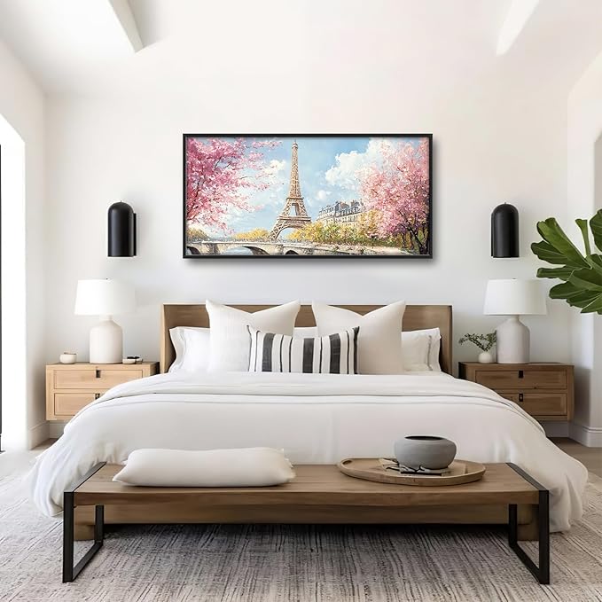 Eiffel Tower Framed Wall Art for Living Room, Large Paris Tower Canvas Wall Decor, Pink Cityscape Pictures Painting, Natural Landscape Modern Artwork for Living Room Bedroom 60L'' × 30W''