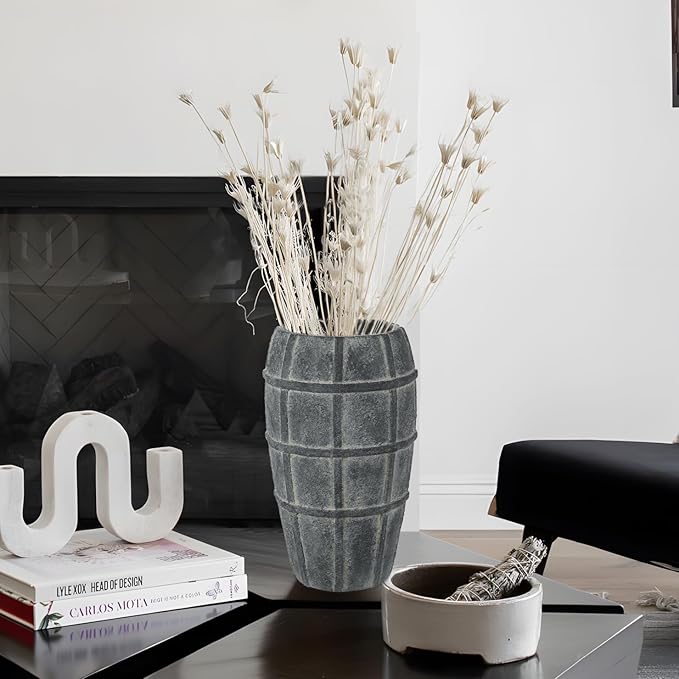 Briful Rustic Terracotta Flower Vase for Home Decor 12" Blue Farmhouse Textured Barrel-Style Ceramic Vase Vintage Handcrafted Gridded Design for Faux & Dried Flowers Living Room Table Centerpiece