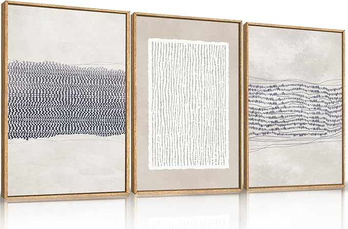 HOURIA Blue White Abstract Neutral Framed Canvas Wall Art Set,Minimalist Boho Waves Lines Wall Decor,Modern Geometric Shapes Print,Mid Century Grunge Artwork for Living Room,Bedroom,Office- 16"x24"x3