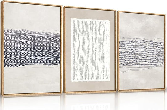 HOURIA Blue White Abstract Neutral Framed Canvas Wall Art Set,Minimalist Boho Waves Lines Wall Decor,Modern Geometric Shapes Print,Mid Century Grunge Artwork for Living Room,Bedroom,Office- 16"x24"x3