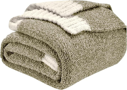 CozeCube Melange Blanket, Ultra Soft Olive Green and White Throw Blanket, Warm Cozy Knit Fuzzy Plush Reversible Throw for Couch Bed Sofa, 60"x80"