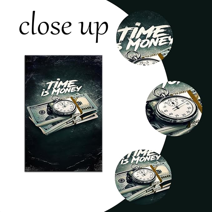 Inspirational Canvas Wall Art Time is Money Poster Print Motivational Pictures Vintage Painting Home Decor Artwork for Living Room Bedroom Office Decoration Framed Ready to Hang [18''W x 12''H]