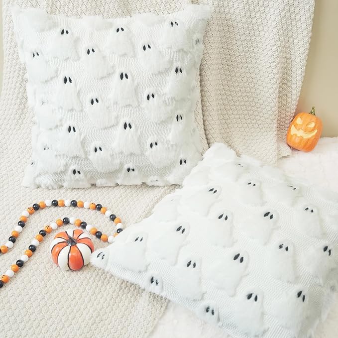 GEEORY Halloween Ghost Soft Plush Pillow Covers, 20 x 20 Inch Set of 2, Fluffy Faux Fur Wool Decorative Farmhouse Cushion Case for Sofa Home Decoration White GC026-20