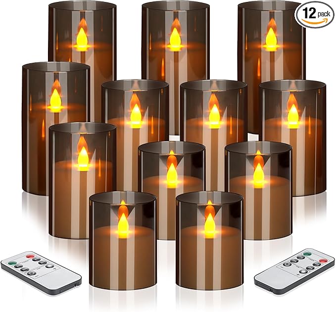 Flameless Candles 4" 5" 6" Acrylic Glass Pillars 3" Diameter Battery Operated Flickering Candles Include Remote with 24Hour Timer Function 400+ Hours by 2 AA Batteries (Gray, Warm Light 12 Pack)