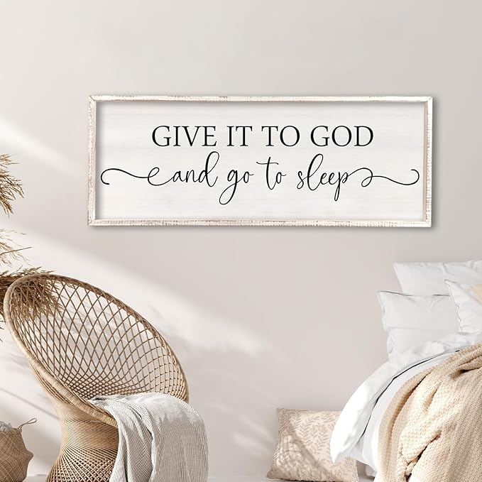 Surfapans Give It To God And Go To Sleep Sign Wall Decor Above Bed 32"x12" Master Bedroom Guest Room Over Bed Wood Rustic Framed Wall Art (White)