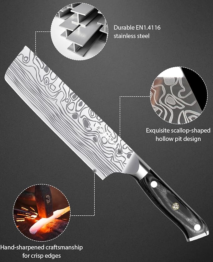 MOSFiATA 7” Nakiri Chef's Knife with Finger Guard, German High Carbon Stainless Steel EN1.4116 Vegetable Knife, Multipurpose Kitchen Knife with Micarta Handle in Gift Box