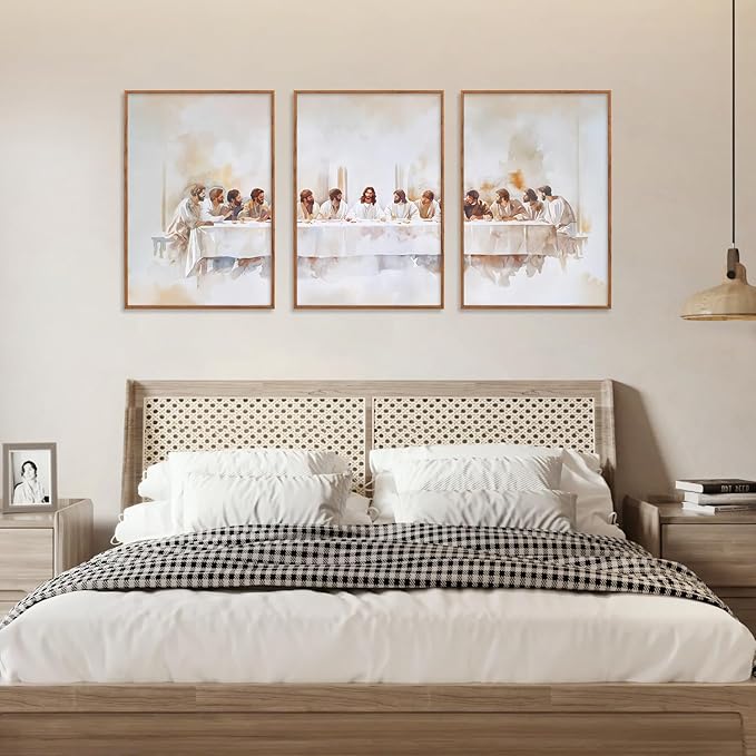 KAIRNE Jesus Last Supper Framed Canvas Wall Art Set, Christian Twelve Apostle Wall Decor, Bible Renaissance wall Painting, Religious Picture Art Print for Living Room, Bedroom, Church, Large 24"x36"x3