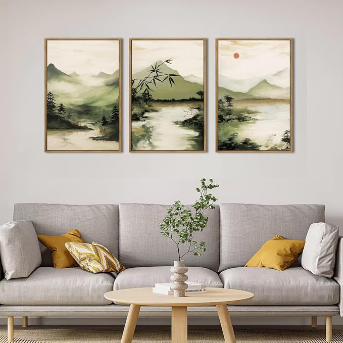 ANHUIB Green Mountain Wall Art Japanese Misty Landscape Wall Decor Foggy Forest Painting 16x24 Inch for Living Room Bedroom Bathroom