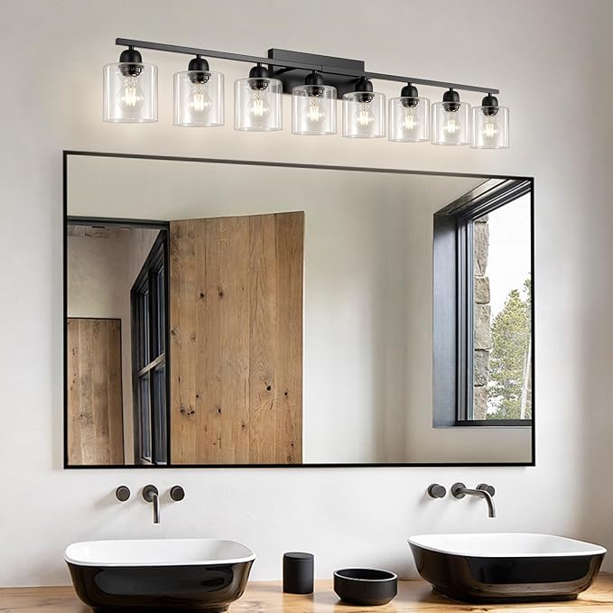 8 Light Black Bathroom Light Fixtures Over Mirror, Modern Bathroom Lighting with Clear Glass,51 inch Lights for Vanity for Oversized Mirrors, E26 Base