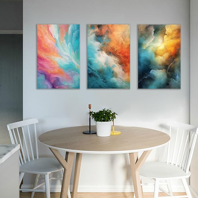 Colorful Canvas Wall Art Abstract Rendering Clouds 3 Pieces Modern Pictures Print Multicolor Poster Painting Wall Decor Artwork for Bedroom Kindergarten Office Stretched and Framed [48''W x 24''H]