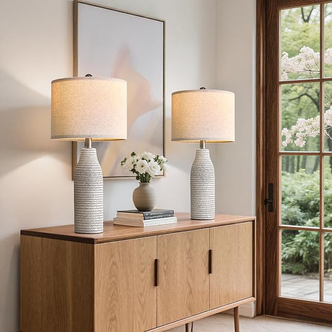 25" Ceramic Table Lamps for Living Room, Modern Design Bedside Lamps Set of 2, Nightstand Lamps for Bedroom with Rotary Switch, Gray and White