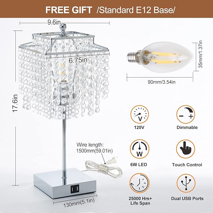 Luvkczc Crystal Table Lamp with Touch Control and USB for Bedside, 3-Way Dimmable with Crystal Shade for Bedroom, Living Room, 6W LED Bulb Included