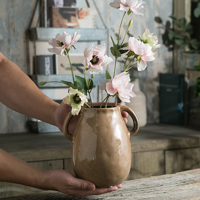 Brown Ceramic Vase with 2 Handles, Modern Farmhouse Decor, Rustic Terracotta Pottery, Decorative Flower Vases, Clay Small Vase, Centerpiece for Dining Table - 7 Inch Tall