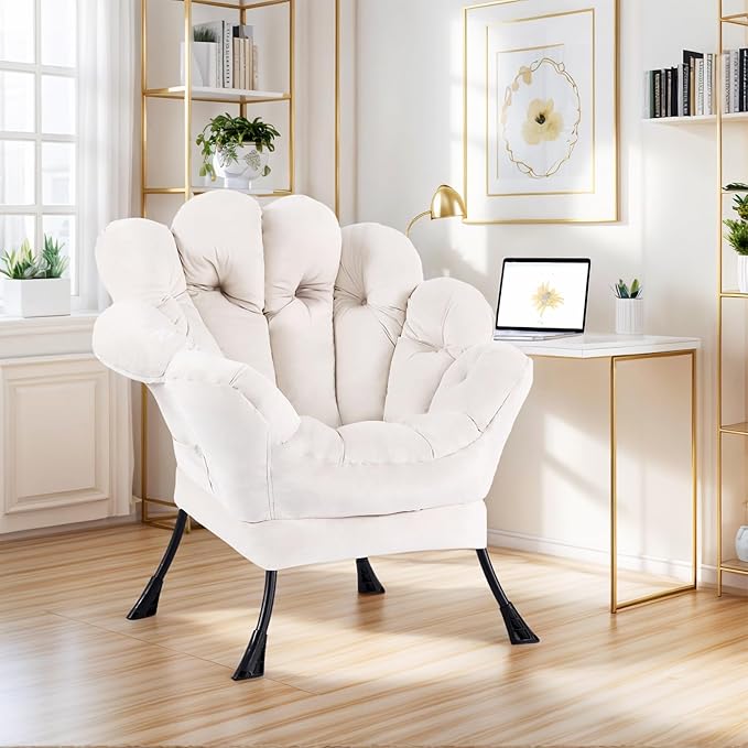 Lazy Chair, Modern Floral Reading Chair with Folding Footrest, Lounge Accent Chair, Comfortable Oversized Armchairs for Bedroom, Living Room, Courtyard, Velvet Beige