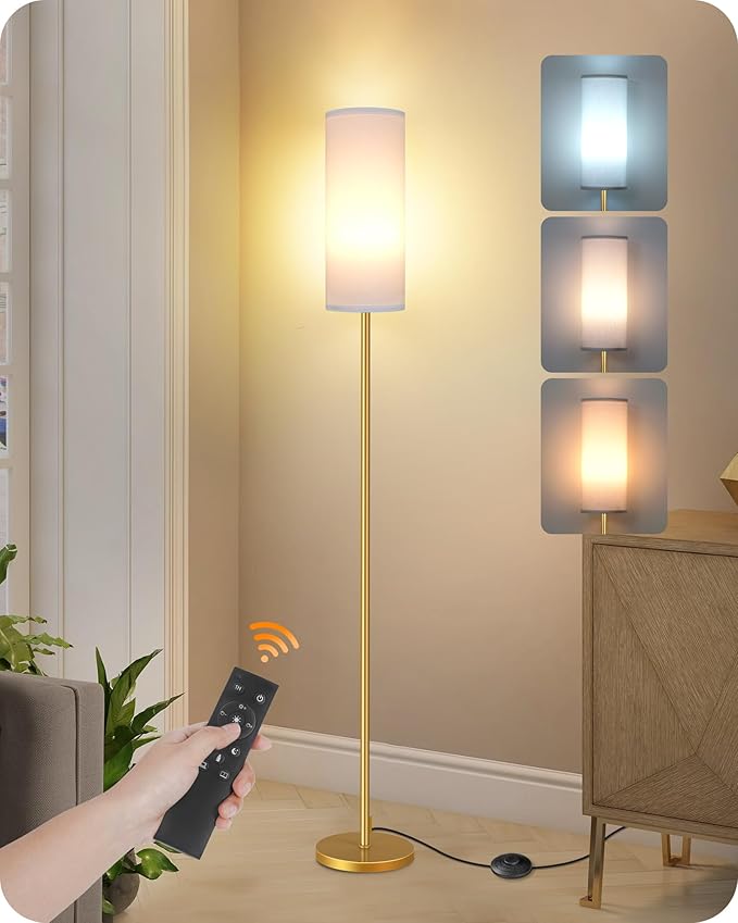 Dimmable Floor Lamp for Living Room with Remote and Foot Switch, Corner Floor Lamp, 64.4'' Standing Tall Lamp, 10W 900LM LED Bulb Included, 3000K-6500K, Linen Shade, Gold White, FCC Listed DCW06LD05W1