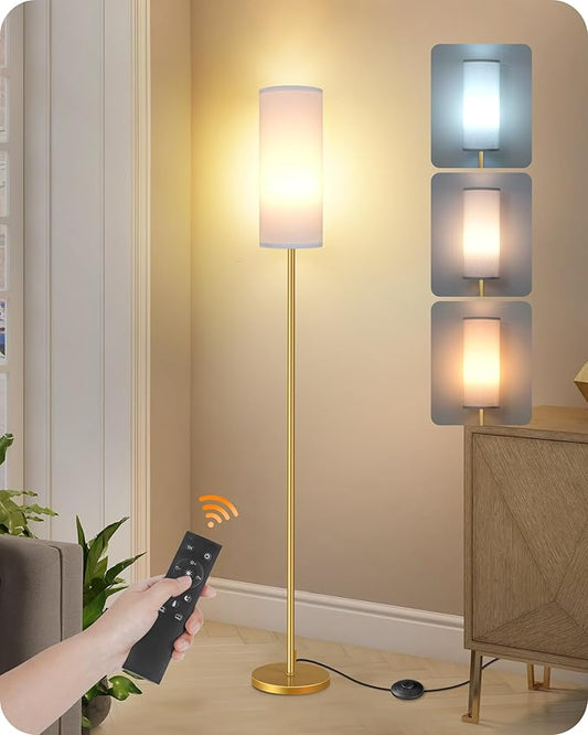 Dimmable Floor Lamp for Living Room with Remote and Foot Switch, Corner Floor Lamp, 64.4'' Standing Tall Lamp, 10W 900LM LED Bulb Included, 3000K-6500K, Linen Shade, Gold White, FCC Listed DCW06LD05W1