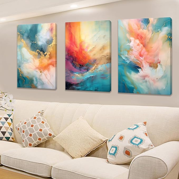 Abstract Canvas Framed Wall Art for Living Room 3 Piece Colorful Painting Poster Rendering Picture Wall Decor Artwork for Modern Home Bedroom Hotel Workplace Gym Ready to Hang [60''Wx28''H]