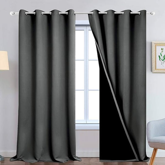 Yakamok 100% Blackout Lined Panels, Thermal Insulated Blackout Curtains for Bedroom, Heat Blocking Drapes for Living Room(52Wx108L, Dark Grey, 2 Panels)
