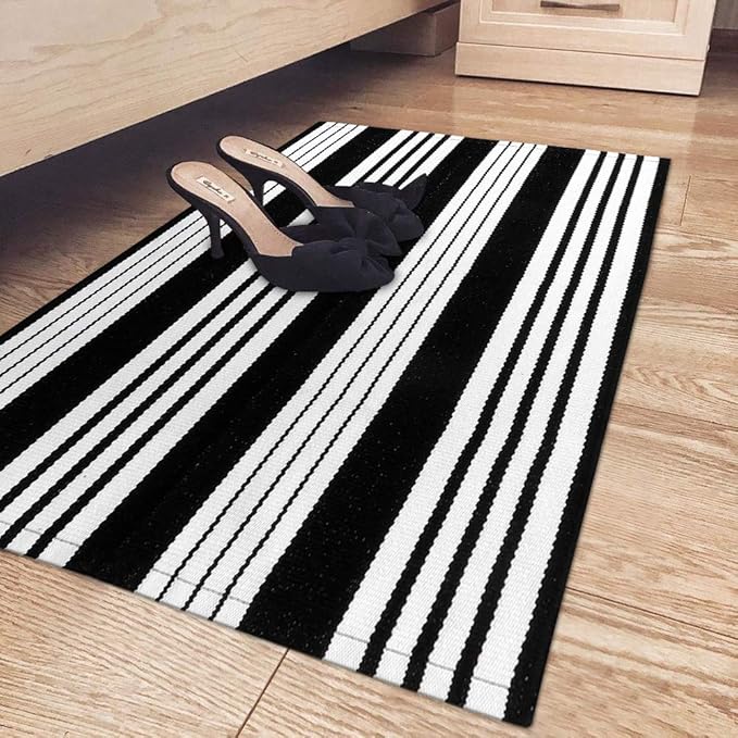 OJIA Cotton Black and White Striped Rug 2x4 Hand-Woven Indoor/Outdoor Area Rug Layered Door Mats for Front Porch/Entryway/Laundry Room/Bedroom/Outdoor