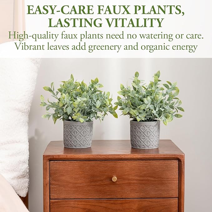 MyGift Set of 2 Fake Plants, Artificial Leafy Foliage Plants in Gray Concrete Pots, Faux Greenery House Plants Potted in Decorative Round Planters