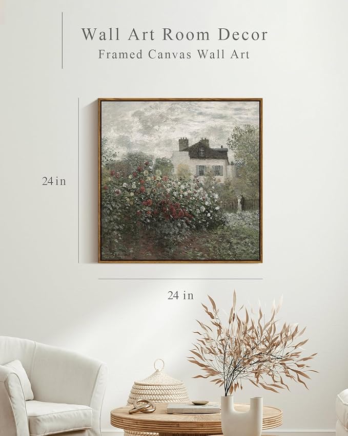 InSimSea Square Framed Canvas Wall Art, Large Decor Monet Flower Garden Paintings, Garden Scenery Wall Pictures for Bedroom Bathroom Living Room, Canvas Prints Vintage Farmhouse Decor 24"x24"