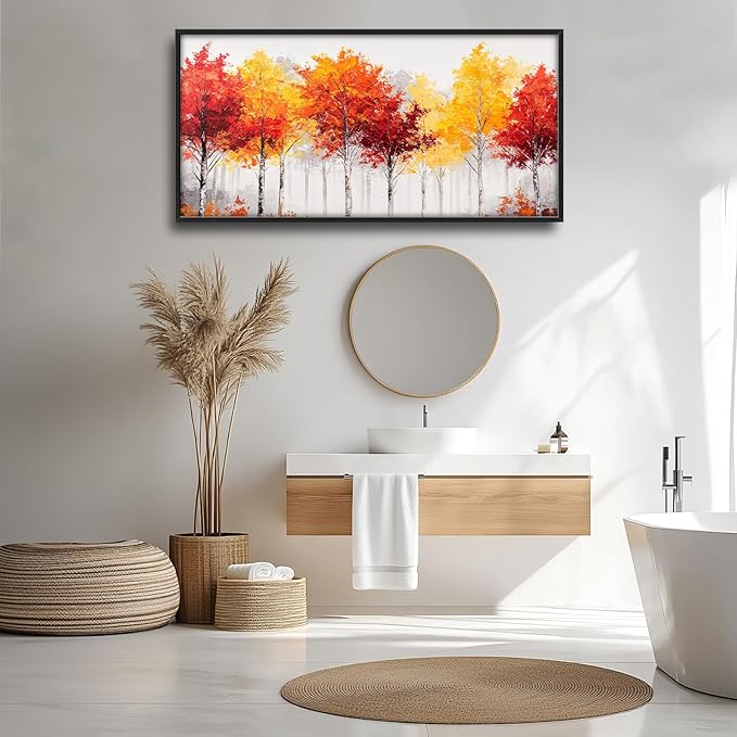 Fall Forest Framed Wall Art for Living Room, Large Red Trees Canvas Wall Decor, Red Leaf Landscape Pictures Painting, Modern Artwork for Living Room Bedroom 60L'' × 30W''