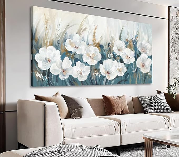 NINEASO Flowers Canvas Wall Art - White Flowers Pictures Abstract Floral Wall Decor Navy Blue Reed Botanical Painting Print Artwork for Living Room Bedroom Home Office Decorations 20" x 40"