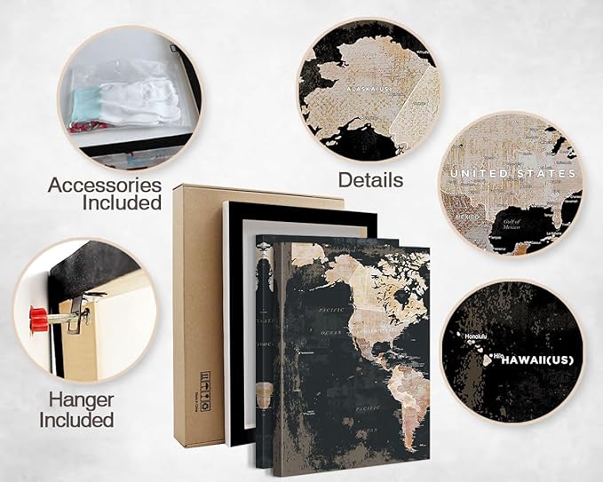 Black and White Wall Art Framed Office Vintage Wall Decor for Bedroom Home Decorations for Living Room Large Modern Maps Pictures Abstract Art Prints