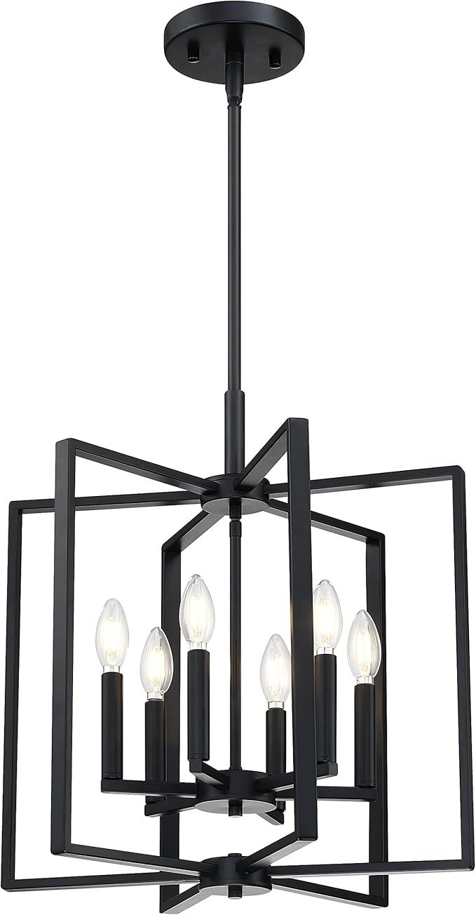 Leading Lighting 6 Light Farmhouse Chandelier Hanging Light Fixture Rustic Kitchen Island Lighting with Black Metal Frame for Entryway Dinning Room Bedroom