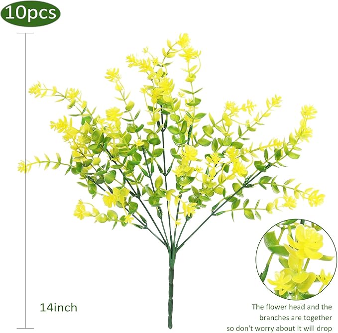 RECUTMS Spring Greenery 10 Bundles Artificial Fake Flowers, Artificial Boxwood Plants,Faux Outdoor Plastic Plants UV Resistant Shrubs Fake Outdoor Plants Outside Indoor Decorations(Yellow)