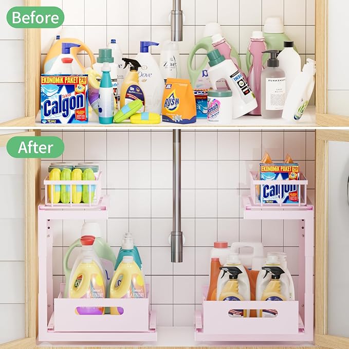 Under Sink Organizer Storage: Adjustable Height, 2 Tier L-Shaped Pull-Out Metal Shelf with Non-Slip Pads & Rust-Resistant Design Maximize Kitchen & Bathroom Cabinet Space