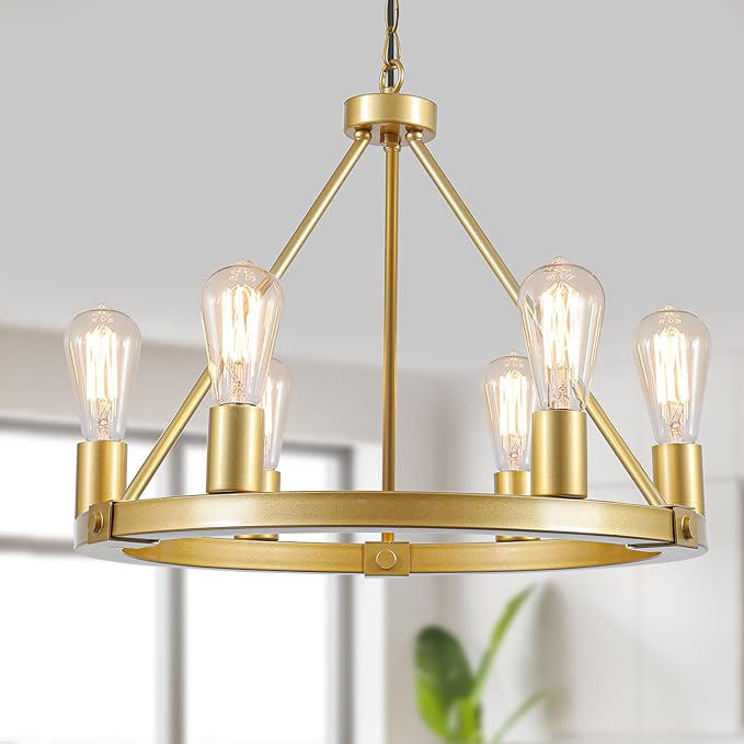 9MMML Gold Wagon Wheel Chandelier, 6-Light Industrial Pendant Light, 20'' Farmhouse Ceiling Hanging Chandelier Light Fixture for Living Room, Bedroom, Entryway, Foyer
