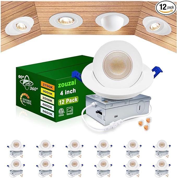 zouzai 12 Pack 4 inch 5CCT LED Gimbal Led Recessed Light with Junction Box, 360°+90° Adjustable Directional Eyeball Lighting, Dimmable, 2700K/3000K/3500K/4000K/5000K, 960LM, 10W=90W-ETL&Energy Star