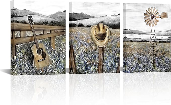 sechars Farmhouse Landscape Painting Canvas Texas Bluebonnets Field Wall Art Rustic Countryside Windmill Pictures Cottagecore Bedroom Bathroom Decor