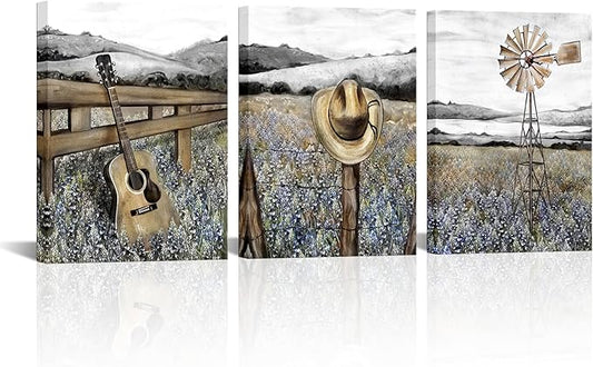 sechars Farmhouse Landscape Painting Canvas Texas Bluebonnets Field Wall Art Rustic Countryside Windmill Pictures Cottagecore Bedroom Bathroom Decor