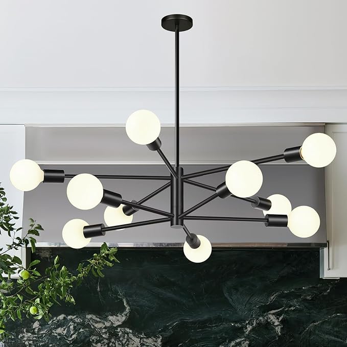 Sputnik Chandeliers Dining Room Light Fixture (10-Light, 33-Inch), Modern Black Chandelier, Height Adjustable Mid Century Modern Chandeliers for Dining Room Kitchen Island