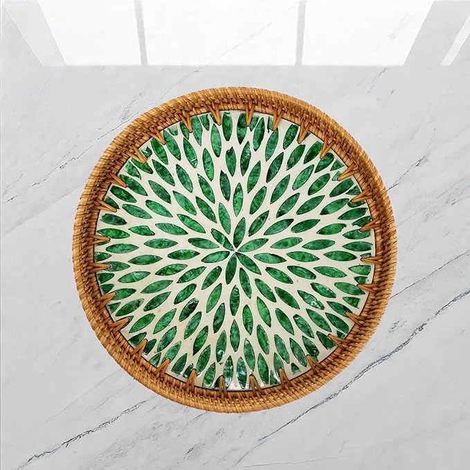 11.81" Round Rattan Mother Pearl Inlay Tray | Decorative Wooden Base for Fruit Serving, Coffee Table, Storage and Display Organizer (Green Leaf 13.8)